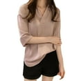 thumbnail image 1 of Women's Three Quarter Sleeves Striped Print V Collar Cotton Shirts Casual Blouses, 1 of 7