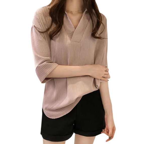 Women's Three Quarter Sleeves Striped Print V Collar Cotton Shirts Casual Blouses