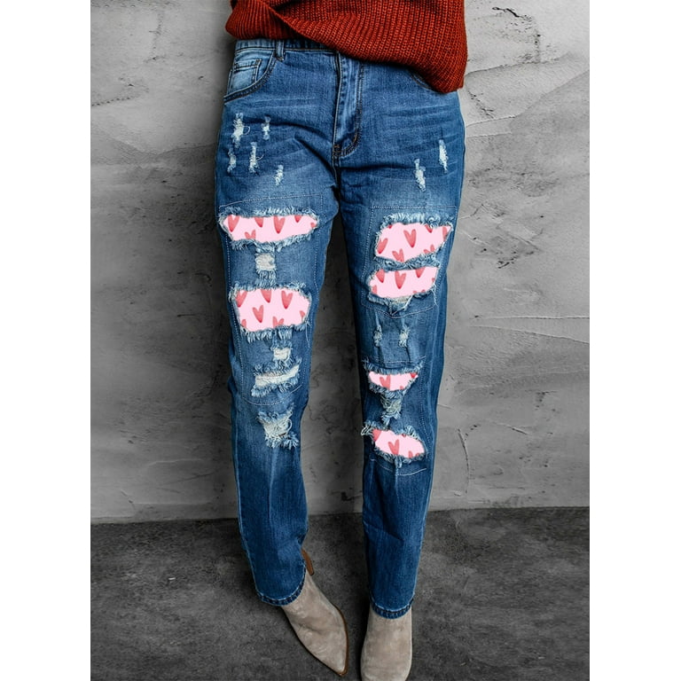 FARYSAYS Women's Ripped Skinny Jeans Distressed Straight Leg High Rise Pant  American Flag / Star / Heart Pattern