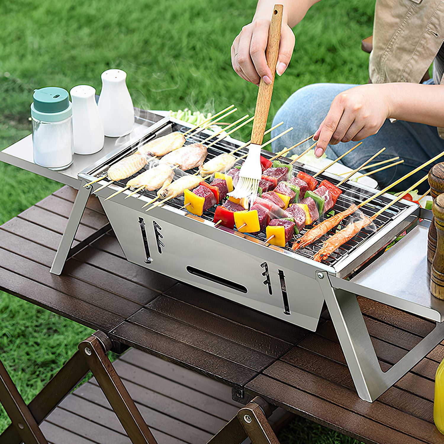 Imountek 3 in 1 Foldable Charcoal Grill, Fire Pit Slow Cooker 2-3 People Stainless Steel BBQ Grill for Camping Tailgating Yard