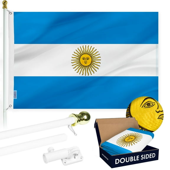 G128 Combo Pack: Flag Pole 6Ft White Tangle Free & Argentina Argentinian Flag 3x5FT Double Sided Embroidered