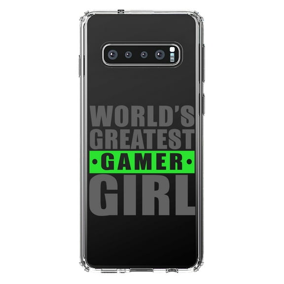 DistinctInk Clear Shockproof Hybrid Case for Samsung Galaxy S10 (6.1" Screen) - TPU Bumper Acrylic Back Tempered Glass Screen Protector - World's Greatest Gamer Girl Video Games
