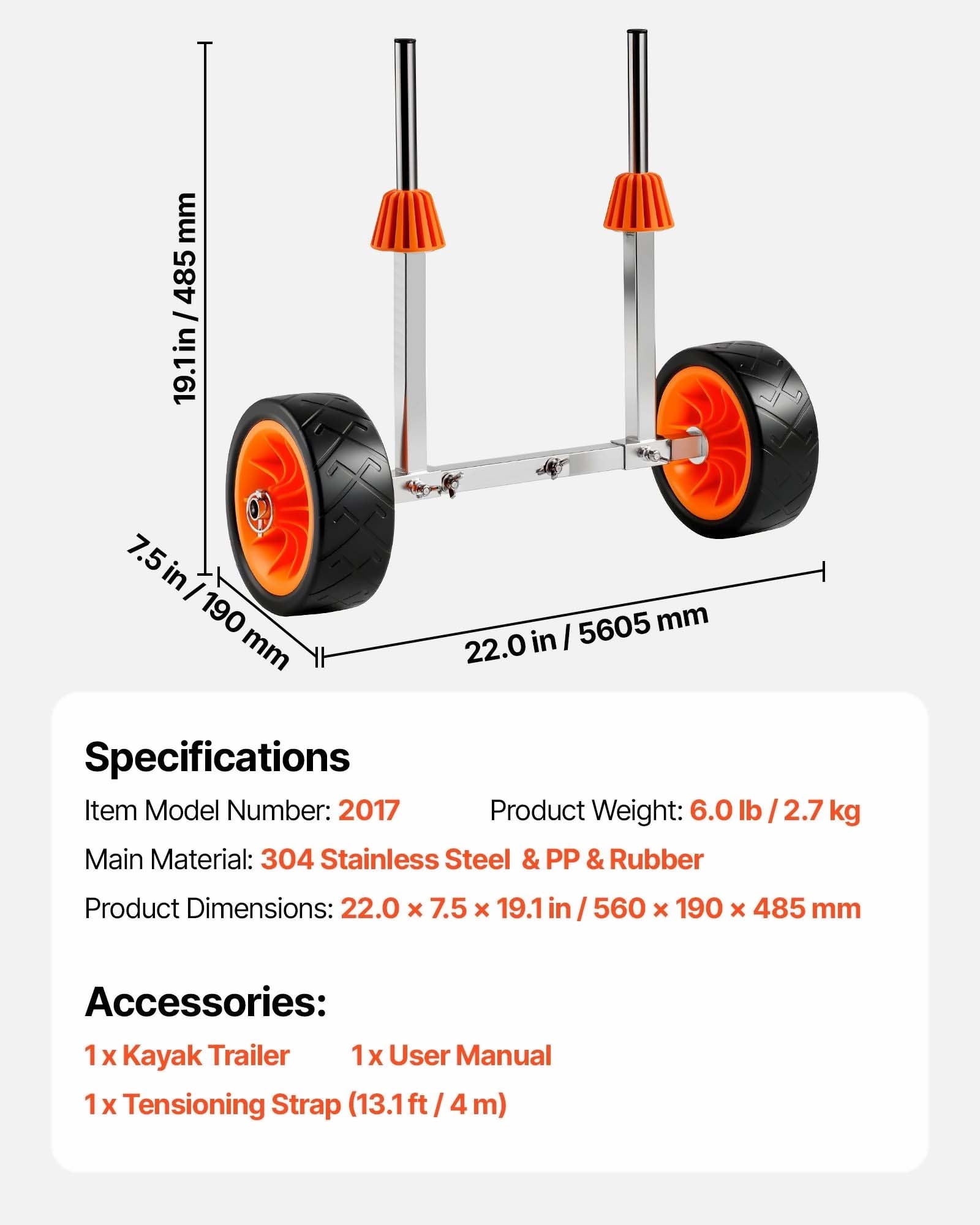 Kayak Cart Dolly - 250lbs Capacity, Canoe & Paddle Board Trolley - 7.5in Solid Tires, Kickstand, Folding & Portable - Kayak Transport Cart