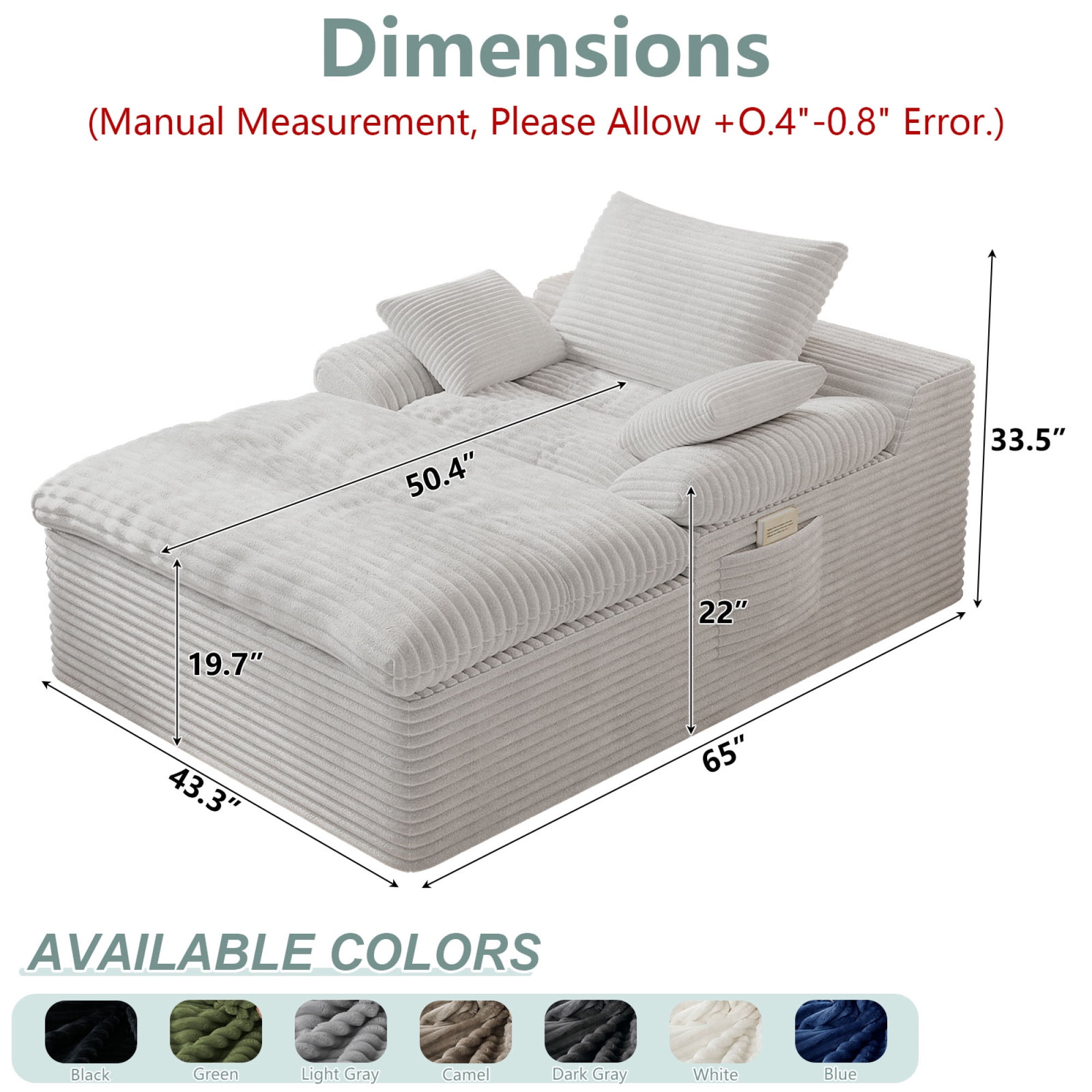 HOQBN 65" Chaise Lounge Chair Indoor,Oversized Boneless Sofa Bed with 3 Pillows,Cloud Reading Chair for Living Room Bedroom, Deep Seat Sleeper Couch, No Assembly Required,Cream White