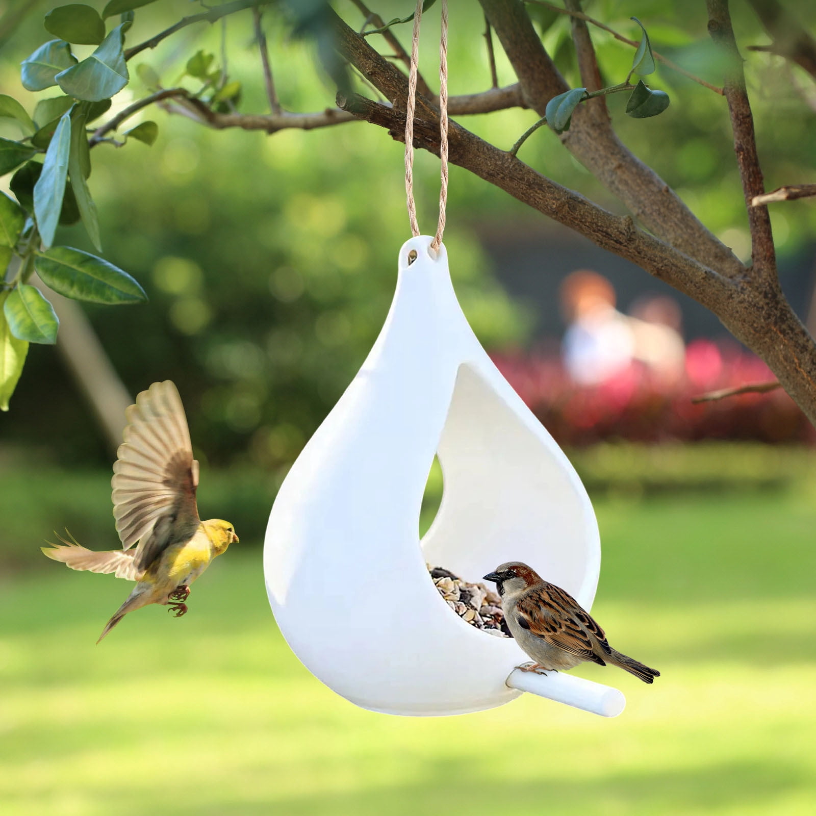 Handcrafted Hanging Fly-Through Feeder for Outdoor Garden & Backyard, Glass Bird Feeder, Decorative Wild Bird Feeder with Steel Wire Cable for Attracting Wilds Birds
