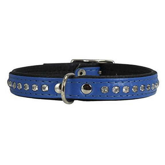 Dogs My Love Rhinestone Genuine Leather Dog Collar (Blue, 6.5"-8" Neck)