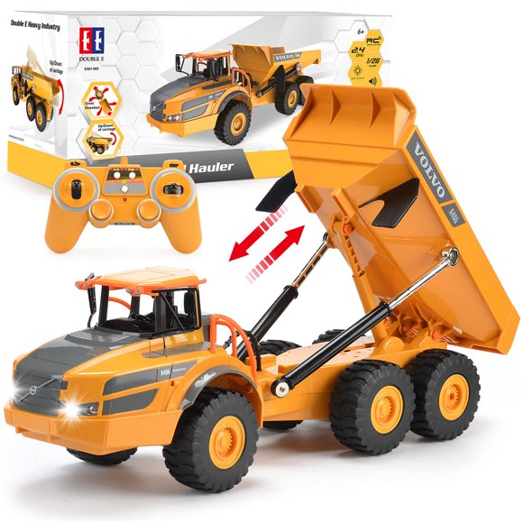 DOUBLE E Camion-Benne Volvo RC Jouet pour Enfants, Remorqueur Articulé, Véhicules de Construction Télécommandés avec Lumières, Idées de Cadeaux d'Anniversaire pour Garçons de 6 7 8 9 10 Ans et