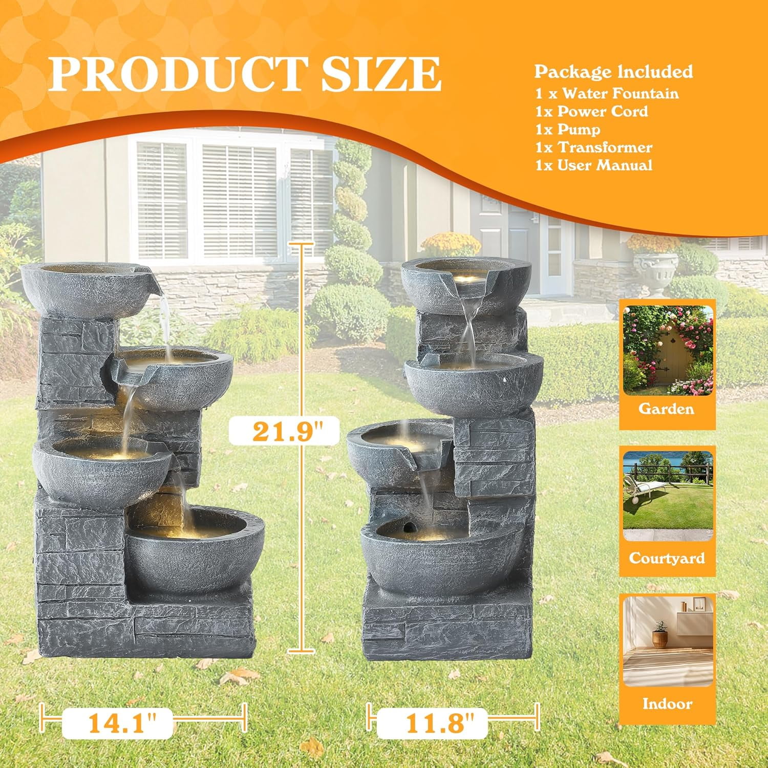 Haverchair 21.9" Outdoor Water Fountain with LED Lights, 4-Tier Bowl and Stacked Stones Garden Fountain, Modern Cascading Waterfall Fountains for Garden, Patio, Backyard, Porch and Home Decor