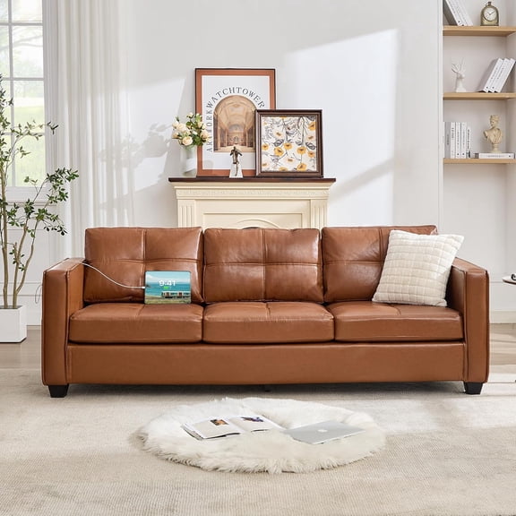 LAZZO 80" Faux Leather Sofa,3-Seater Couch with USB Ports and Side Pockets for Living Room, Brown