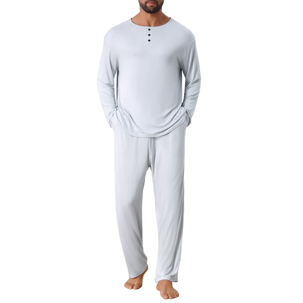 INSPIRAR CHIC Conjunto de Pijamas Casuales de 2 Piezas de Manga Larga de Color Sólido con Cuello Redondo para Hombre S Gris Blanco