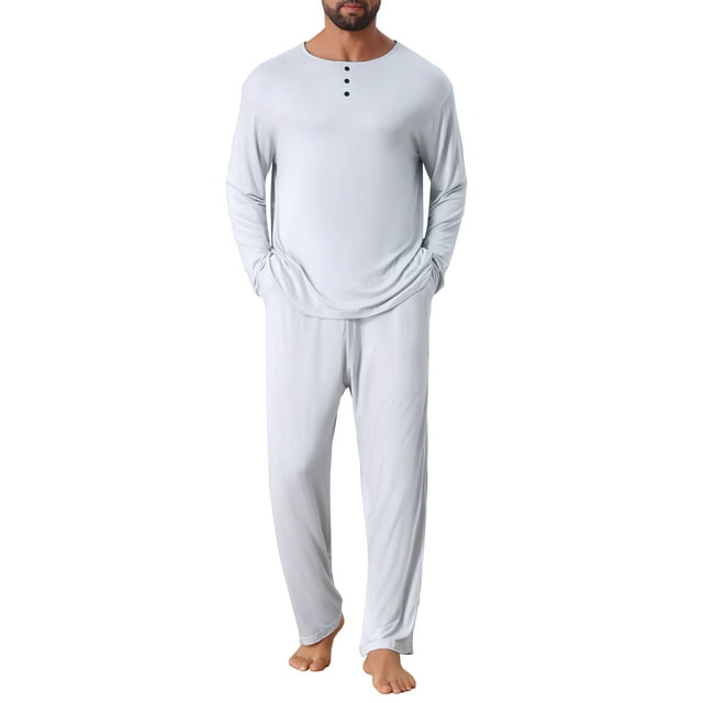 INSPIRAR CHIC Conjunto de Pijamas Casuales de 2 Piezas de Manga Larga en Color Sólido Cuello Redondo para Hombre M Gris Blanco