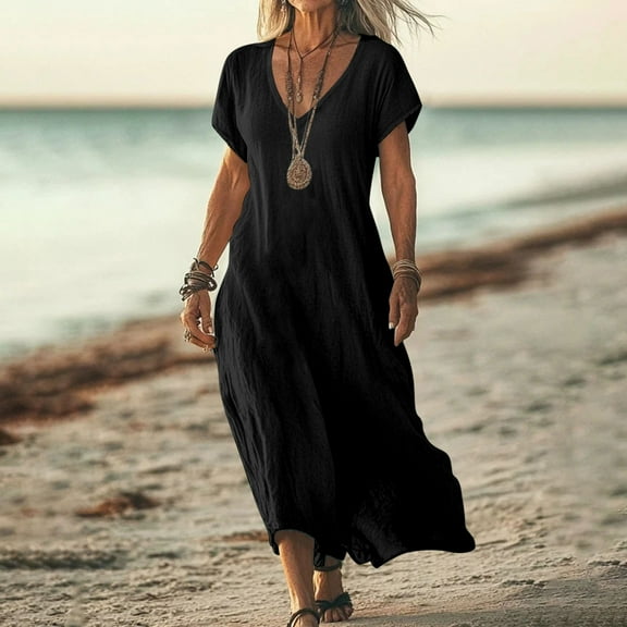 CaiJunJia Summer Dresses for Women Plus Size Short Sleeve Casual Flowy Dresses V-Neck Midi Dress with Pockets