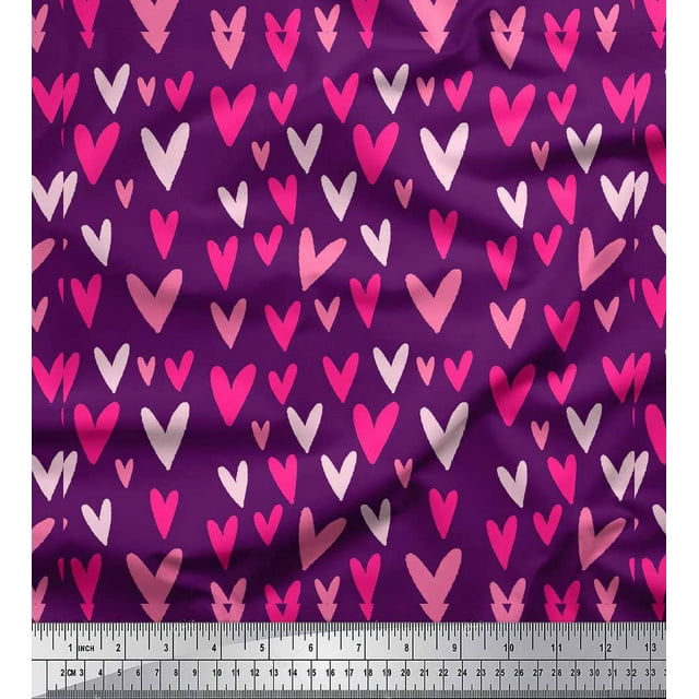 Soimoi Purple Georgette Viscose Fabric Pink Heart Print Fabric by Yard 42 Inch Wide