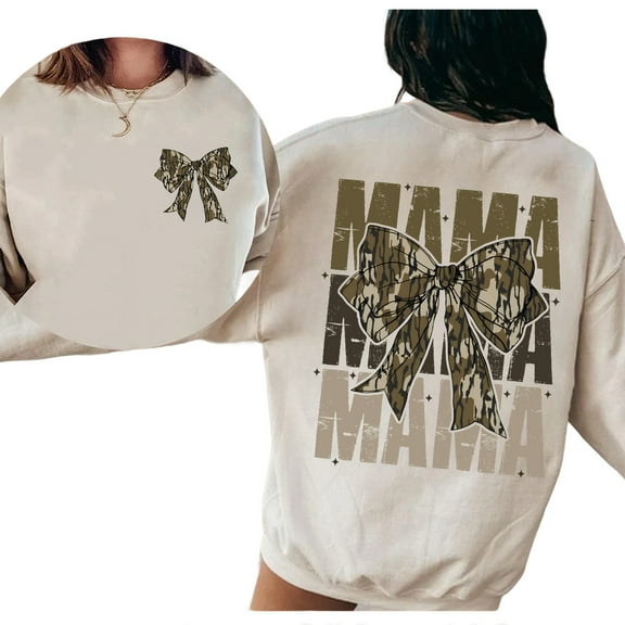 Mama Camo Coquette Bow Sweatshirt – Cute Hunting Wife Sweater with Bow Print, Camouflage Mom Pullover, Gift for Hunters’ Wives