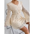 thumbnail image 4 of Dresses for Women Cream Lace A Line Mini Dress Puff Shoulder Flare Sleeve Button Front Casual Dress, 4 of 5