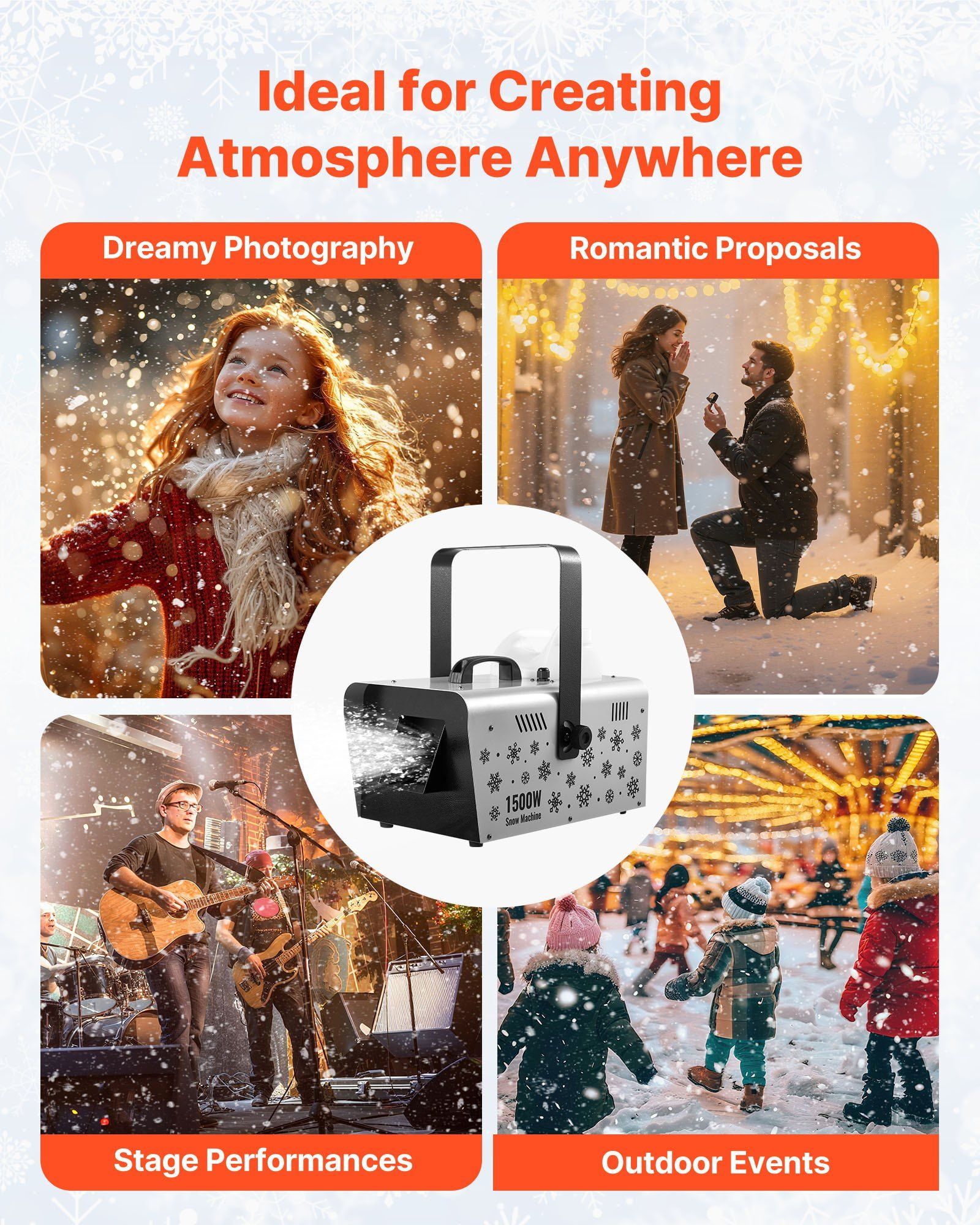 Snow Machine, 1500W Handheld/Hanging Snow Maker By Wireless Remote Control, Portable Snowmaking Machine, High Output Snowflake Maker with 5L Tank for Christmas Party Wedding Stage Effects