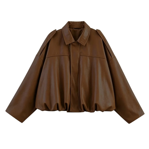 Lmueinov Women's Leather Jacket for Fall and Winter Batwing Sleeve Zip Up Boyfriend Bomber Jackets Elastic Hem Solid Collared Casual Outerwear