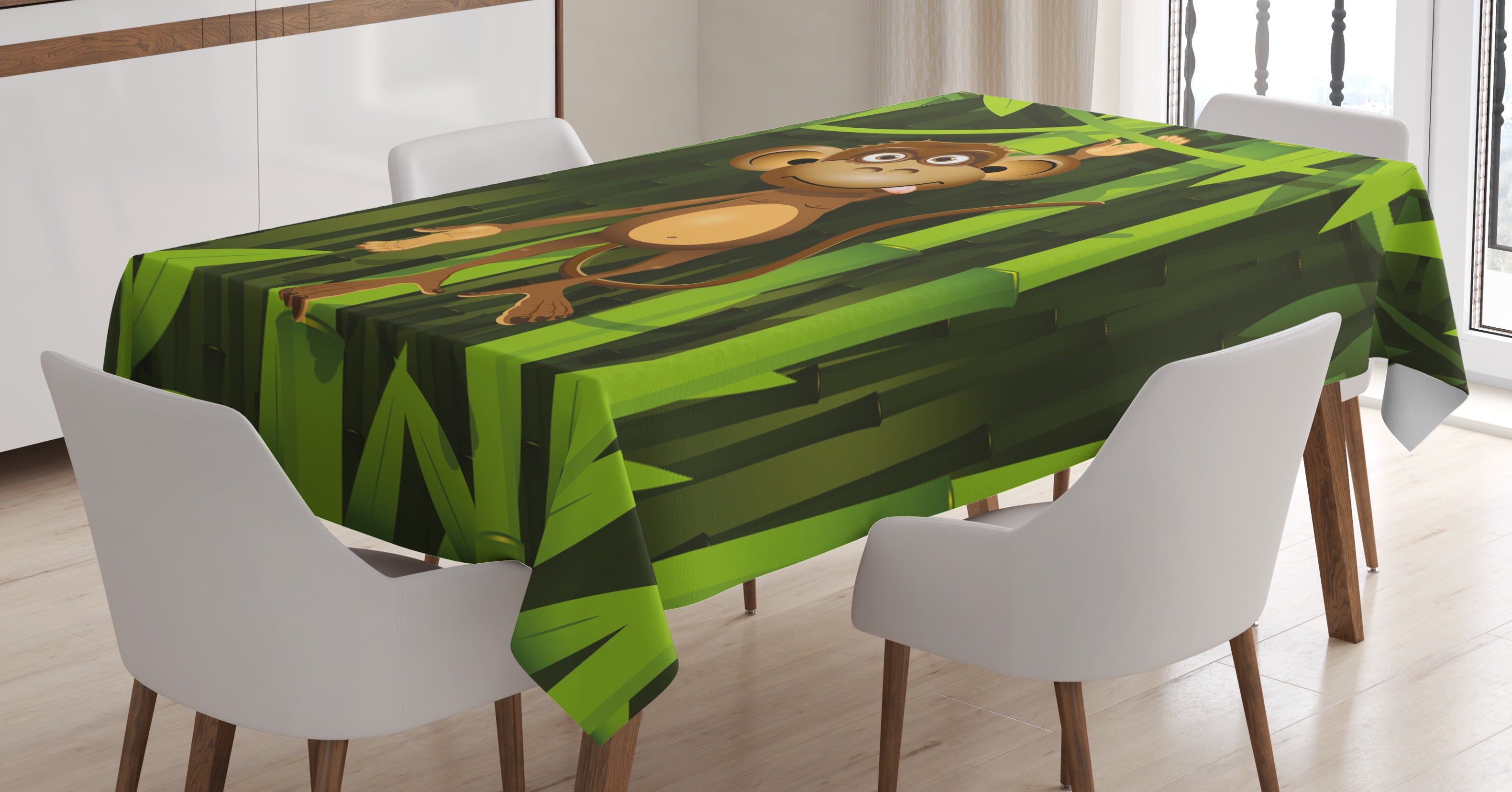 Jungle Decor Tablecloth, Wildlife Theme Illustration of a Cute Monkey