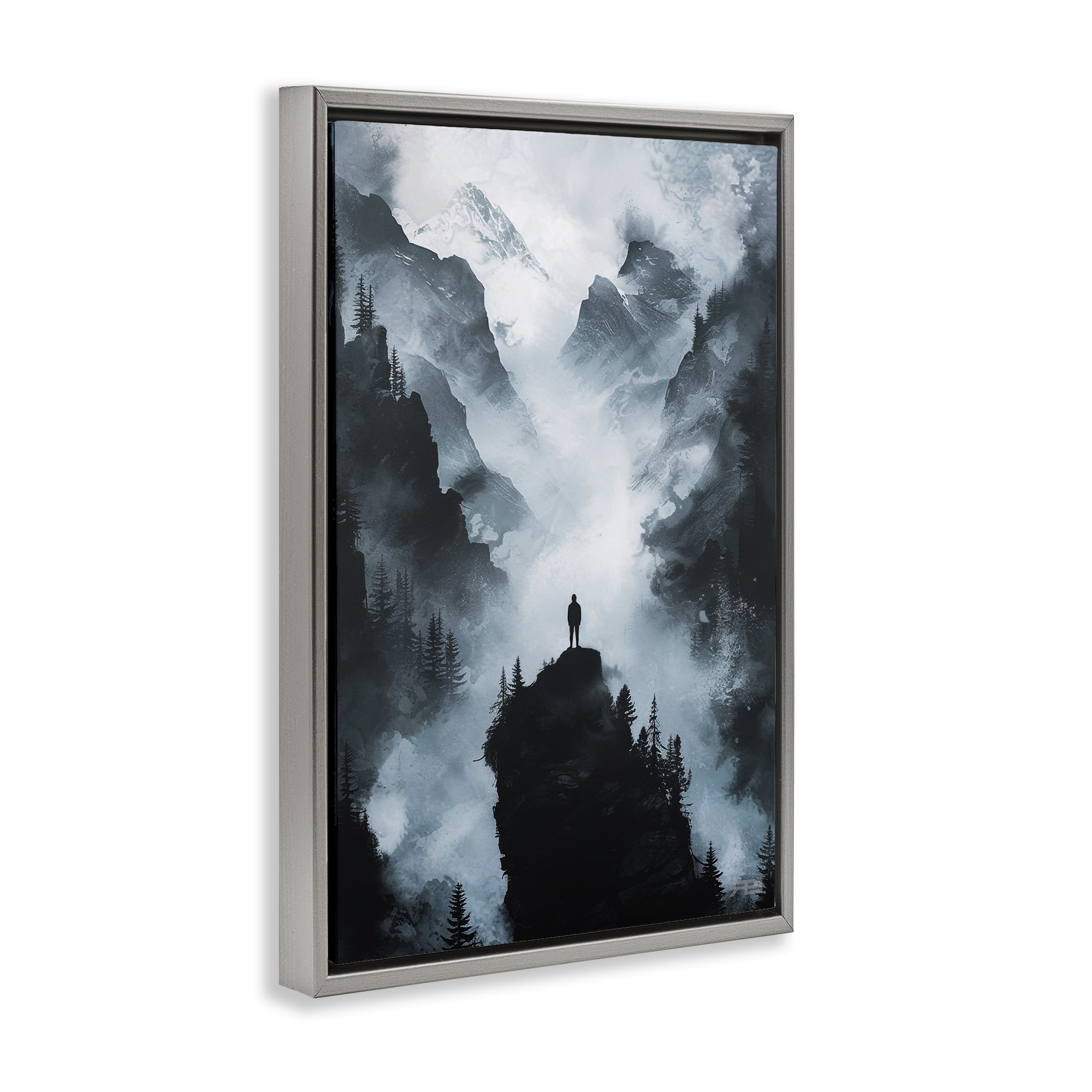 Stupell Industries Man on Intense Cliff Landscape & Nature Painting Gray Floater Framed Canvas Art Print Wall Art, 17 x 25