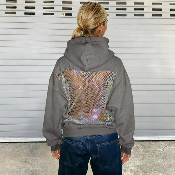 Mesh Back Hoodie for Women 2026 Trendy Hollow out See through Backless Oversized Hooded Sweatshirt with Pockets Pullover