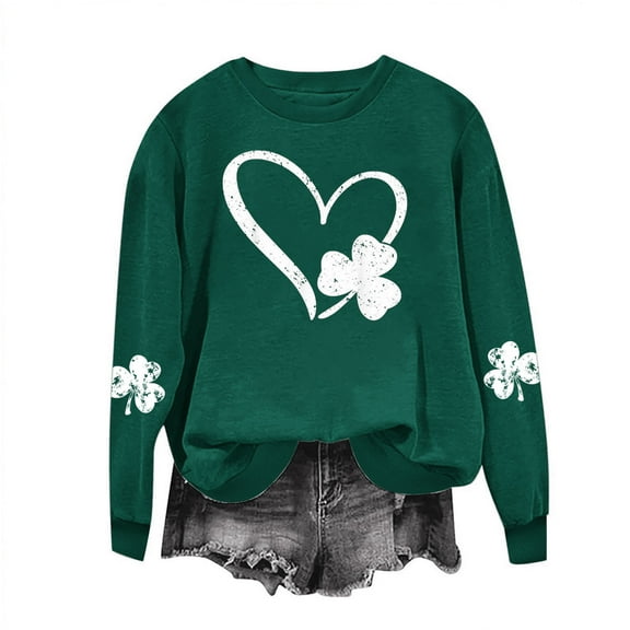 Lolmot Womens St Patrick's Day Oversized Sweatshirt Crewneck Long Sleeve Shirts Lucky Clover Heart Printed Blouse Irish Shamrock Sweatshirt Casual Loose Fleece Lined Pullover Tops