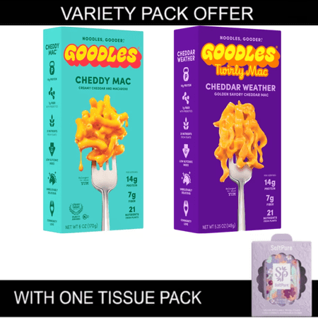 GOODLES Mac & Cheese Variety Pack, Classic Creamy Cheddar & Twirly Cheddar Weather Seasoned Cheddar, Nutrient-Packed, 14g Protein, 7g Fiber, Includes One Tissue Pack