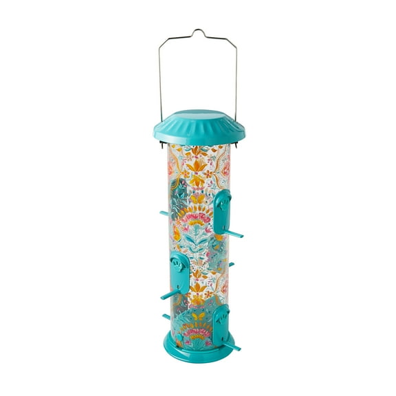 The Pioneer Woman Folk Geo Plastic Deluxe Easy Clean Tube Bird Feeder 2.8QT, Floral Teal