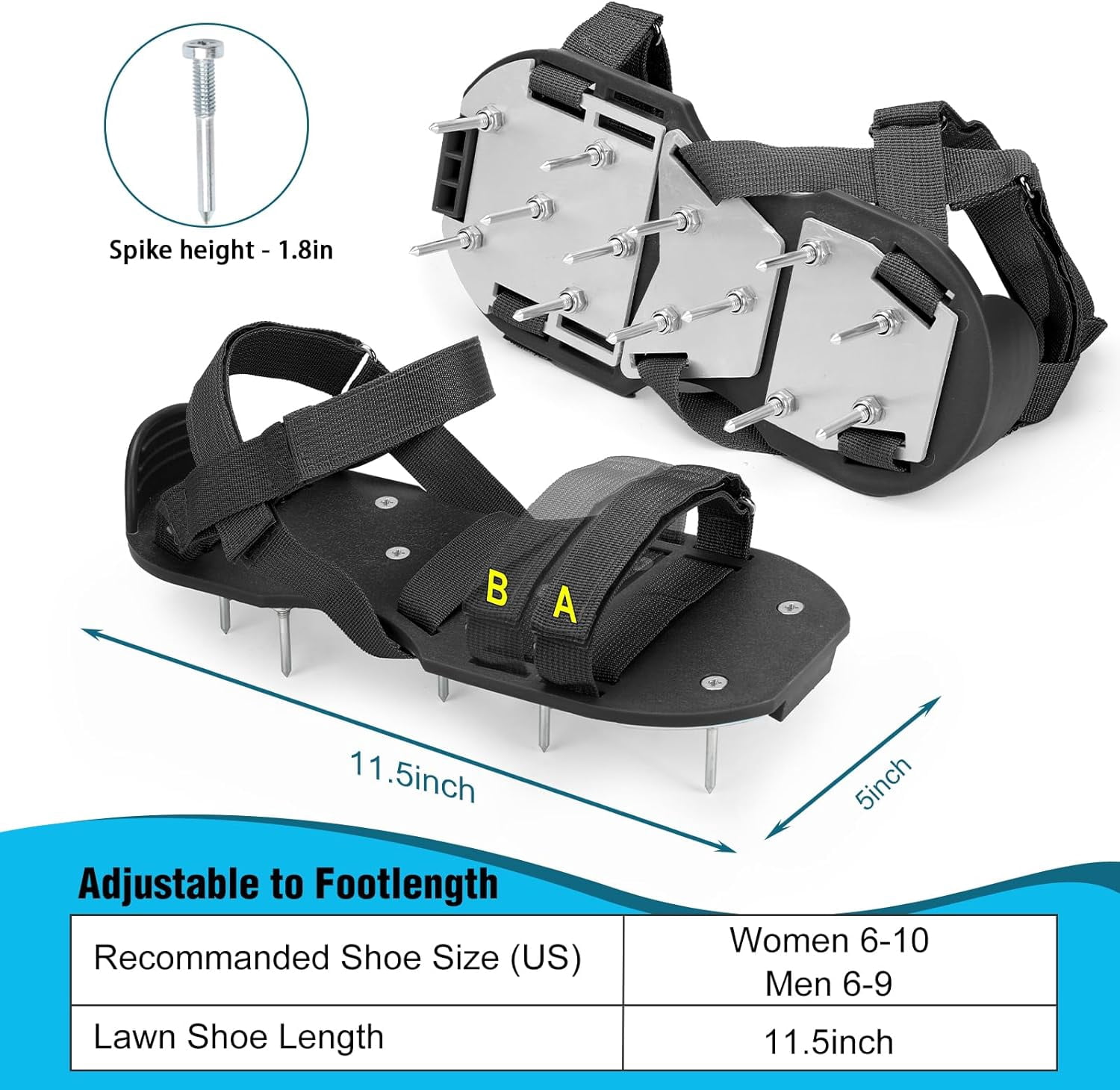 Lawn Aerator Shoes for Grass - Pre-Assembled Soil Yard Tool Aerating Patio Garden, Black, Medium