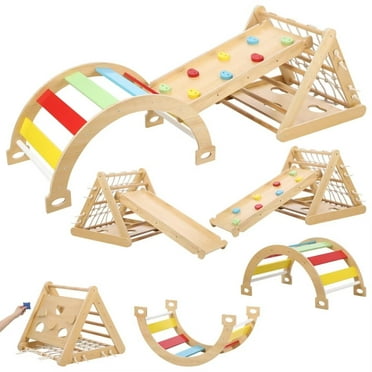 3 in 1 Wooden Climbing Toys, Toddler Indoor Gym Playset, 3-Sided Wooden Triangle Climber with Climbing Net,Sliding Ramp & Board for Kids Boys Girls