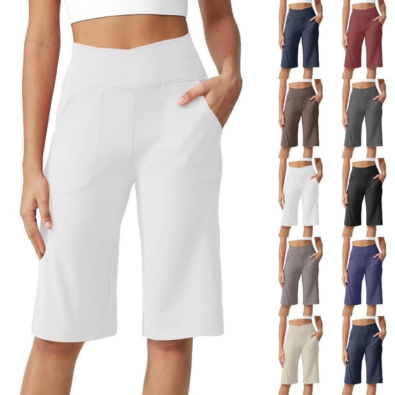 Capri Pants for Women Wide Leg Yoga Cropped Pants with Pockets Loose Casual Summer Pants White L