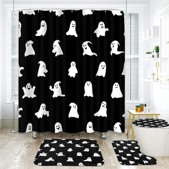 Halloween Ghost Pumpkin Bathroom Set with Shower Curtain sets and Rug and Accessories, Fall Autumn Floral Shower Curtain Set for Bathroom Decor 4 Pcs