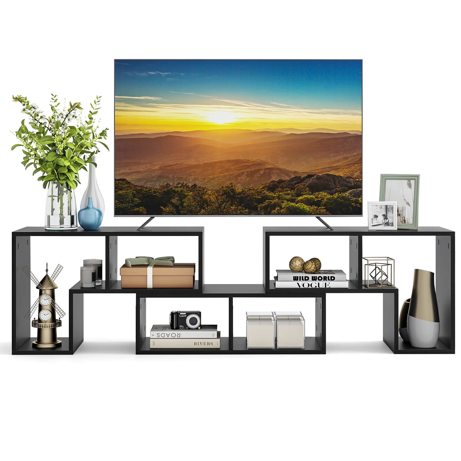 Costway 3 PCS TV Stand for TV's up To 65" Console Entertainment Center Bookcase Shelves Black Wood
