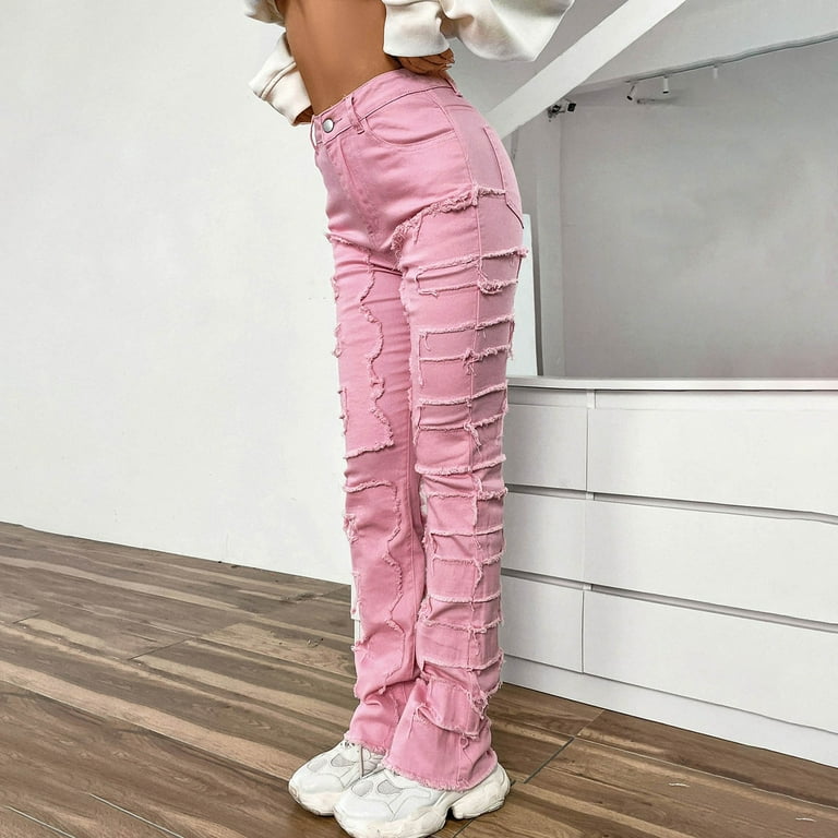 パンツ back slit curve denim pants (pink) ZhiHiMeRi Women's Pink Rhinestone Gradient Denim Wide Leg