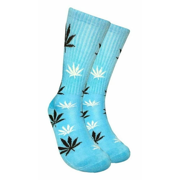 Couver Unisex Weed Leaf Printed Marijuana Mid-Calf Crew Socks (Sky Blue/Black/White)