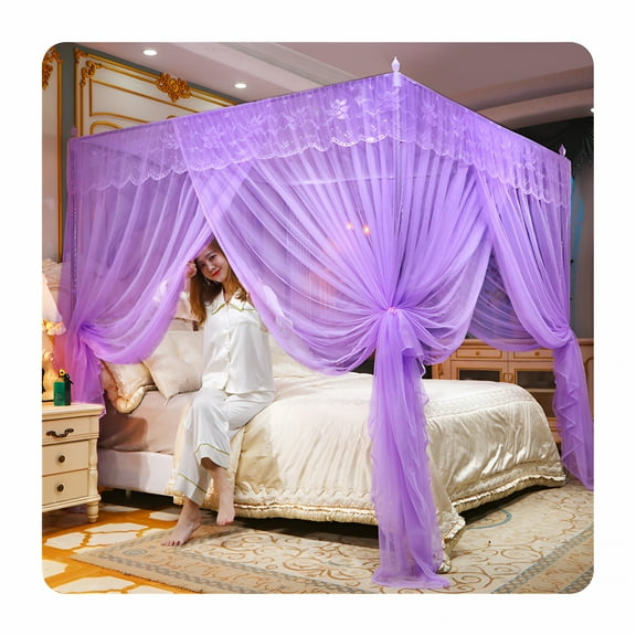 AUQ Cute Princess Lace Purple Four-Poster Bed Canopy Princess Bed Canopy