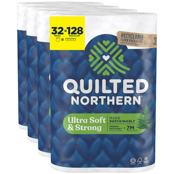 Quilted Northern Ultra Soft SBF3 & Strong Toilet Paper, 32 Mega Rolls = 128 Regular Rolls, 5X Stronger*, Premium Soft Toilet Tissue with Recyclable Paper Packaging