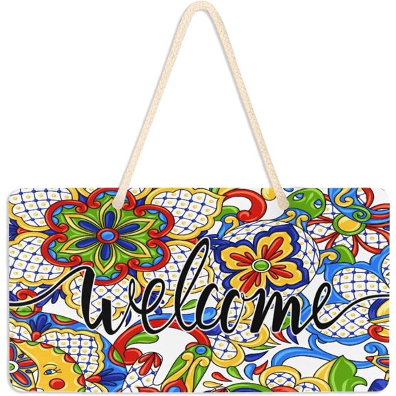 10x5 inch wood plaque - Welcome Sign Front Porch Decor - Mexican Talavera Ornamental Ceramic Hanging Plaque Wall Decor for Home Farmhouse