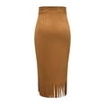 thumbnail image 6 of Women's Faux Suede Fringe Trim Skirt High Waisted Pencil Dressy Midi Skirts Vintage Tassell Long Skirt for Fall Winter, 6 of 6