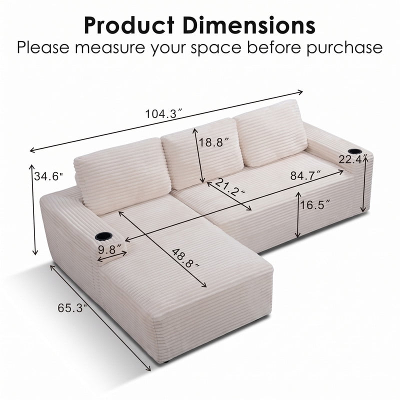 Anpport 104" Boneless Cloud Modular Sectional Couch, Corduroy Sofa with Cup Holders, Side Pockets, Deep Seat, No Assembly Required for Living Room, White (L‑Shaped, Left Facing Chaise)