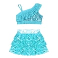 thumbnail image 3 of YONGHS Girls Hip Hop Jazz Cheer Performance Dance Costume Sequin Crop Top with Skirted Shorts Set Light Blue 8, 3 of 5