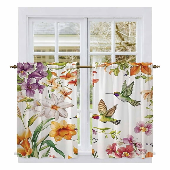 Spring Floral Tier Curtains, Summer Botanical Birds Colorful Vintage Light Filtering Kitchen Curtains, 2Pcs Rod Pocket Half Window Treatments Panels for Sink Cafe Cabinet Basement 27.5x45 Inches
