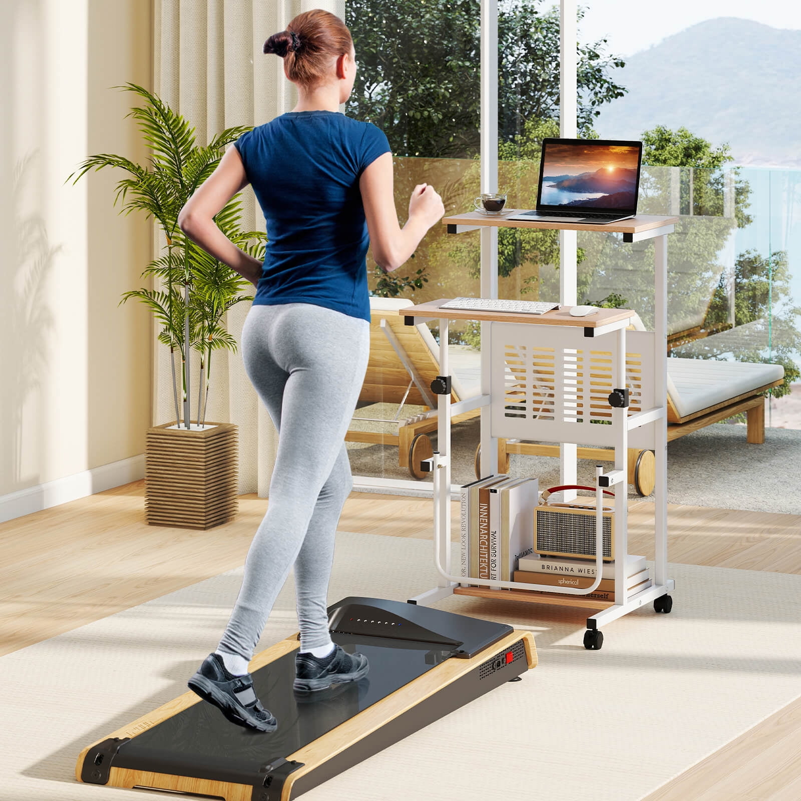 Costway Adjustable Standing Desk with Footrest Mesh Panel Lockable Wheels Sit Home Office
