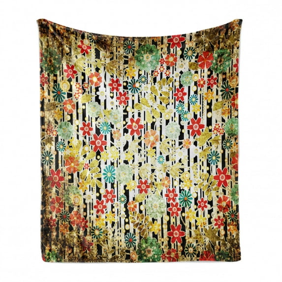 Floral Soft Flannel Fleece Throw Blanket, Ivy Line Like Colored Flowers Leafs and Buds Striped Background Artwork Print, Cozy Plush for Indoor and Outdoor Use, 70" x 90", Multicolor, by Ambesonne