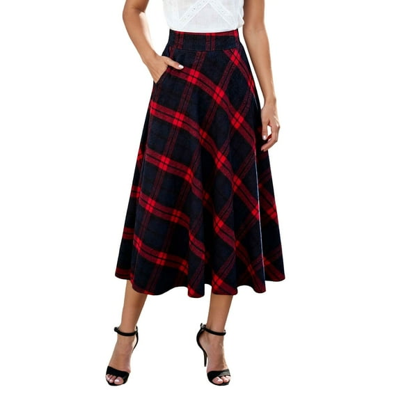 IWRICH Women's Plaid Wool Skirts Elastic Waist A-Line Pleated Tartan Long Skirts Red XL