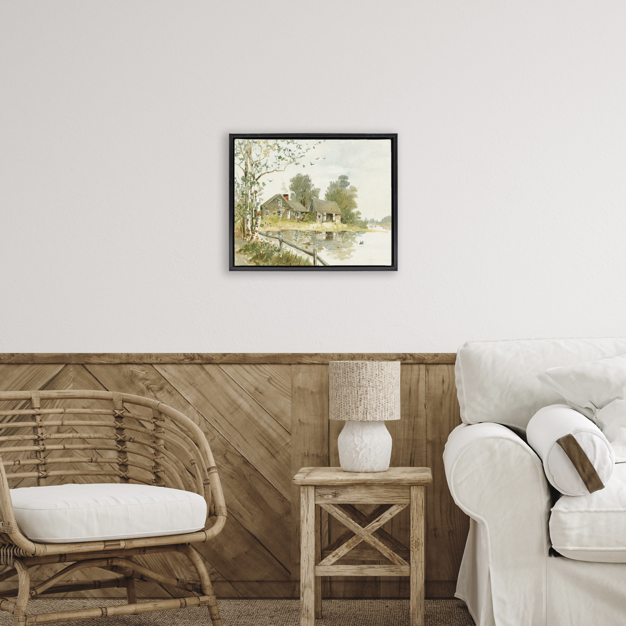 Cabin Along River's Edge Black Framed Floater Canvas Wall Art, design by Lettered and Lined