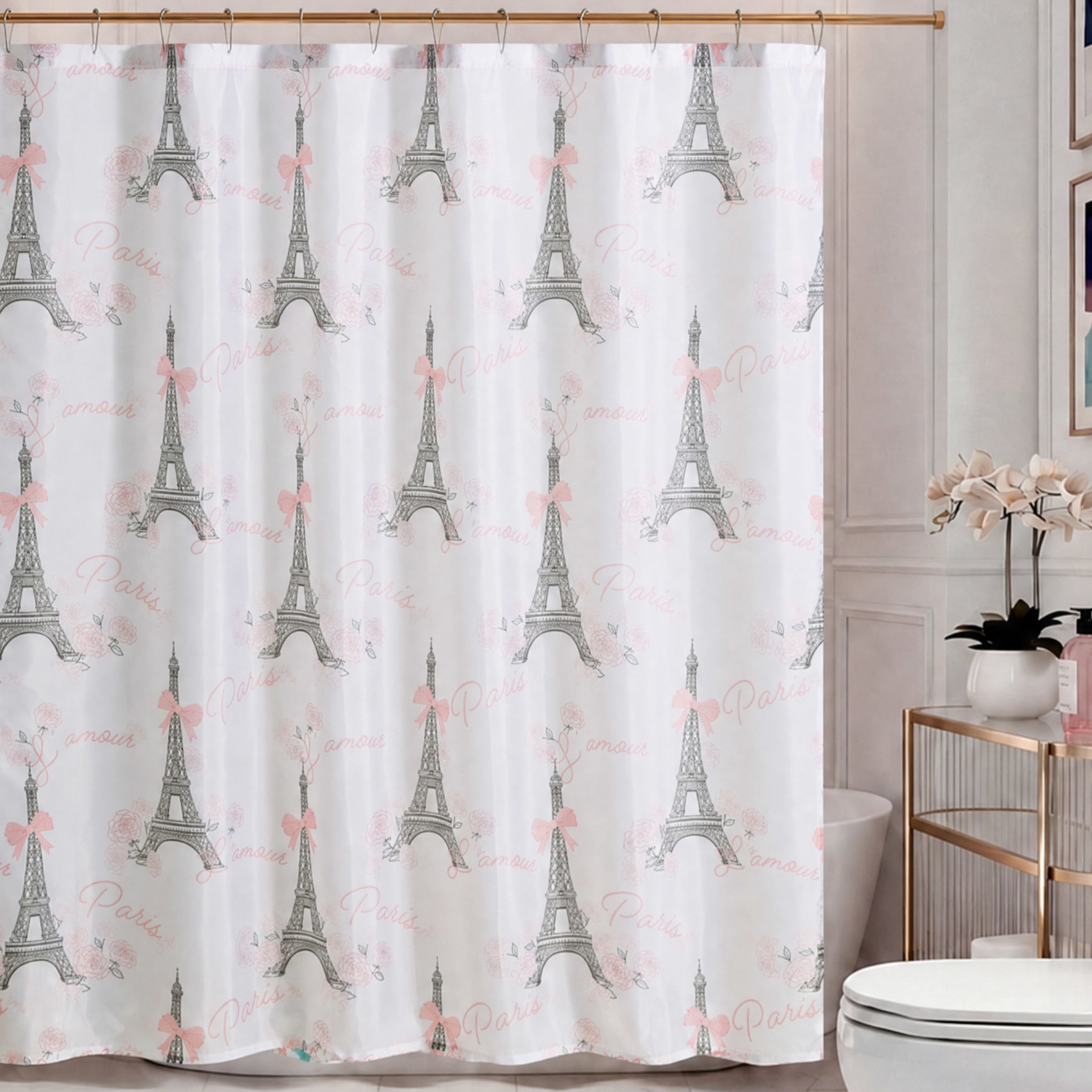 CHI Eiffel Tower Roses & Bows Shower Curtain with Hooks and Rugs Modern Washable 72" W x 72" L 15-Piece Set