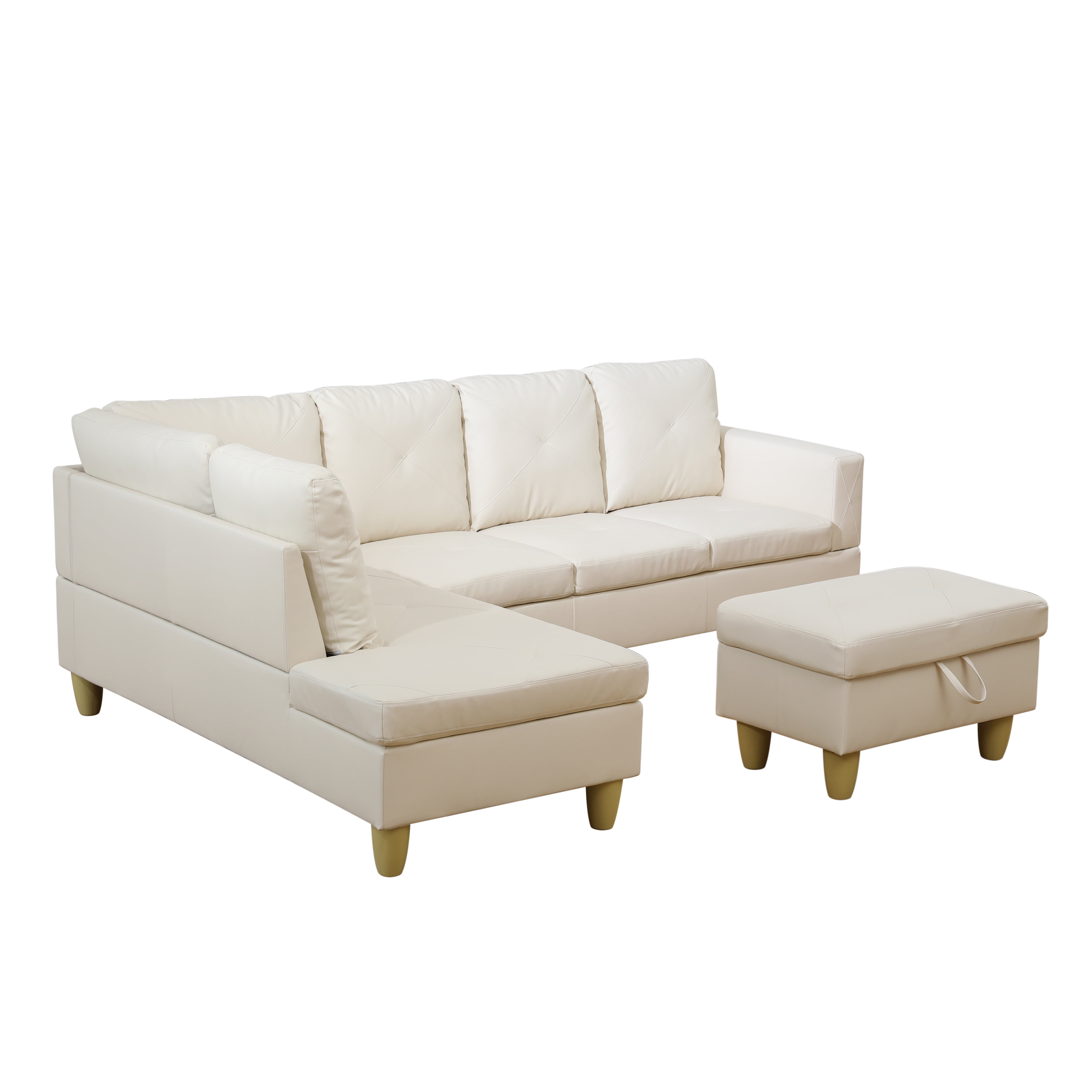 MAYEERTY 97" Faux Leather Sectional Sofa, 3-Piece Couch Living Room Sofa Set with Ottoman, White (Left)