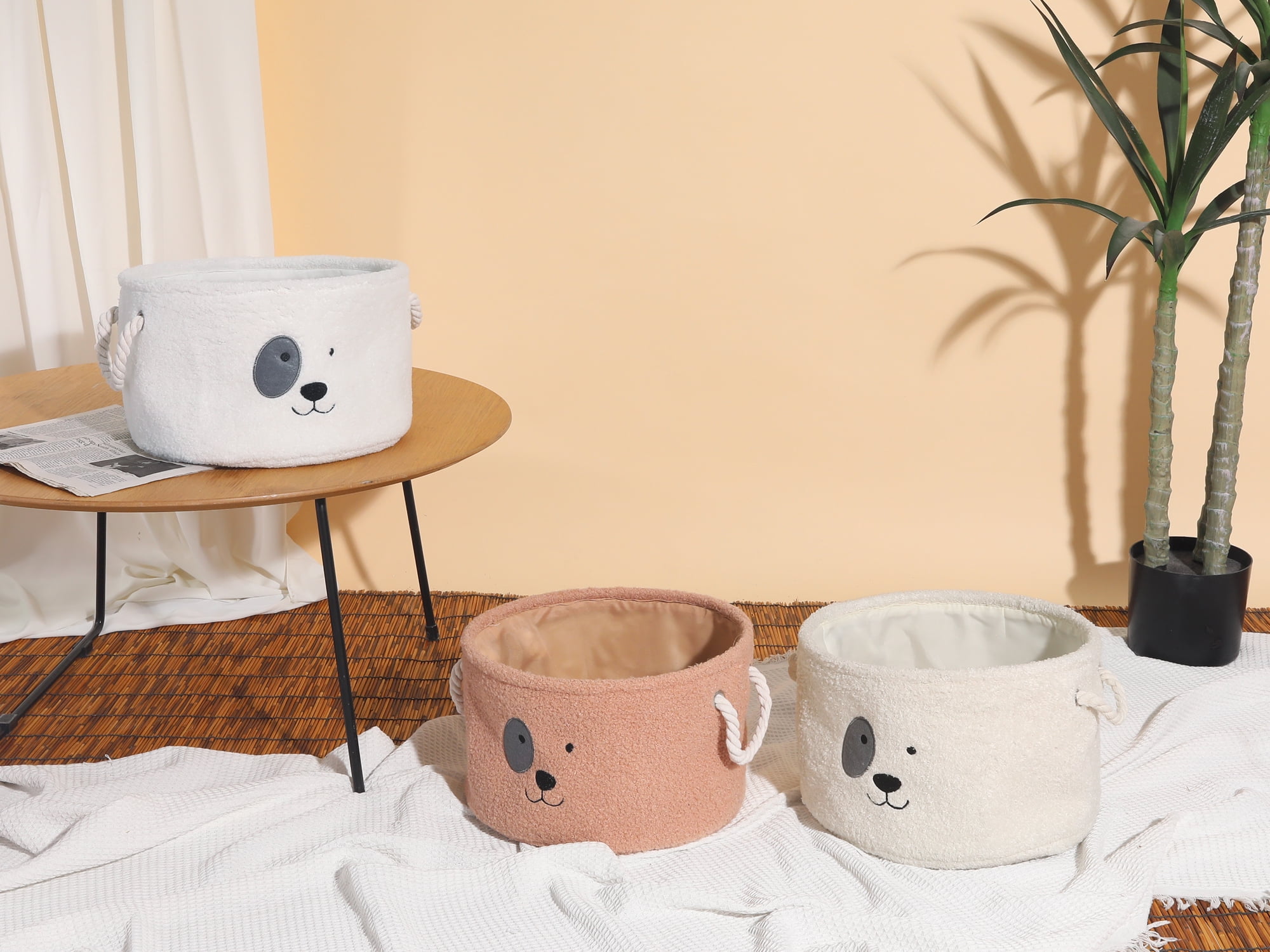 Unique Bargains Set of 3 Cotton Storage Bins with Handles Cream 13*8.1in