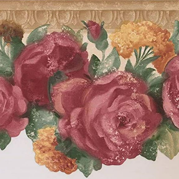 Concord Wallcoverings Classic Floral Wallpaper Border Featuring Roses Vine Under Vintage Cornice, Colors Red Beige Green Grey, Size 6.5 Inches by 15 Feet 681403