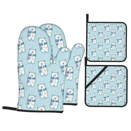 

Oven Mitts and Pot Holders 4 pcs Set blue Scarf Bear Heat Resistant Pot Holders Oven Mitts for kitchen Non-Slip Hanging Loop Oven Glove Potholders for Baking Cooking